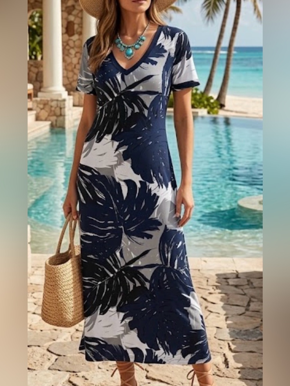 G.I.L.I. Navy and Gray Tropical Leaf Maxi Dress tropical summer cruise resort